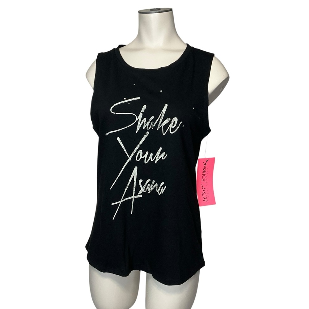 BETSEY JOHNSON sz Medium Performance T Shirt Perforated Sleeveless Black White
